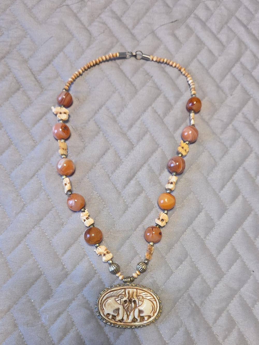 Handcrafted Brown Agate Pendant Necklace with Carved Ivory Accent - Picture 1 of 1